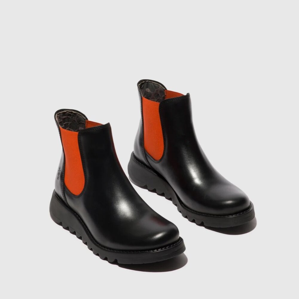 Fly London -- Chelsea Boot in Black/Orange -- Size 7